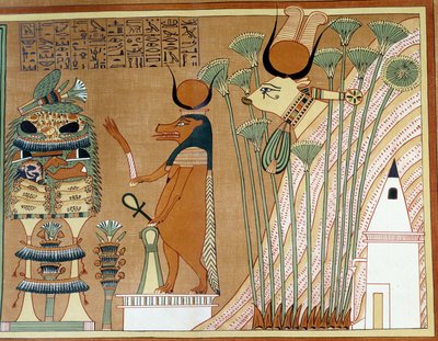 パピルスにはトゥエリスとハトホルが描かれている。カレッジはテーベのアニのパピルスと似ている。 作： Egyptian 19th Dynasty