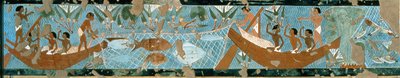 イプイの墓からの壁画、テーベ、釣りのシーンを描いた、新王国、紀元前1275年（石灰岩を塗装） 作： Egyptian 19th Dynasty