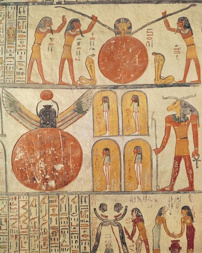 地球の書、ラムセス6世の墓の墓室からの詳細（r.1143-1136 BC）ニューキングダム（壁画） 作： Egyptian 20th Dynasty