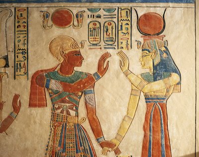 エジプト、ルクソール、古代テーベ、女王の谷、アモンヘルコペシャフの墓、イシスの前にファラオ ラムセス 3 世を描いたレリーフを描いた 作： Egyptian 20th Dynasty