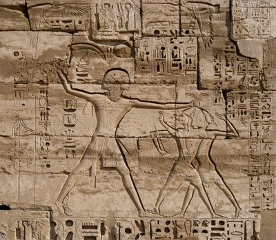 エジプトの古代遺跡：海の民に対するファラオの勝利を祝うレリーフの詳細。ラムセス3世（紀元前1187〜1156年）の葬祭殿。エジプト、ルクソール、メディネト・ハブー 作： Egyptian 20th Dynasty