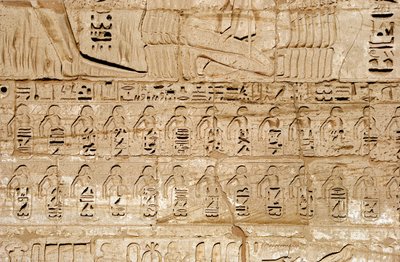 エジプトの古代遺物：ファラオ・ラムセス3世が征服した都市の紋章を表す第1塔門のレリーフの詳細。ラムセス3世（紀元前1187〜1156年）の葬祭殿。エジプト、ルクソール、メディネト・ハブー 作： Egyptian 20th Dynasty