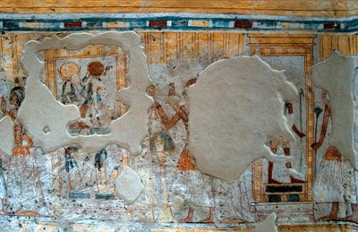 エジプトの古代：シュロイと彼の妻がトート神とラー女神を崇拝している様子。シュロイの墓の絵 作： Egyptian 20th Dynasty