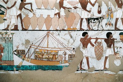 新王国時代、船上でのワイン運搬の様子を描いた壁画。 作： Egyptian 20th Dynasty