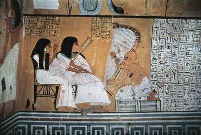 ブラインドハープ奏者を見ている亡くなったカイインヘルカと妻の壁画 作： Egyptian 20th Dynasty