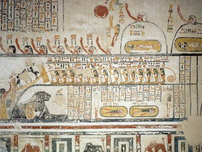 太陽神ラーの天界航行に従う行列、「地球の書」、王家の谷、ルクソール、テーベのラメセス6世の墓の埋葬室のフレスコ画の詳細（ユネスコ世界遺産登録 作： Egyptian 20th Dynasty