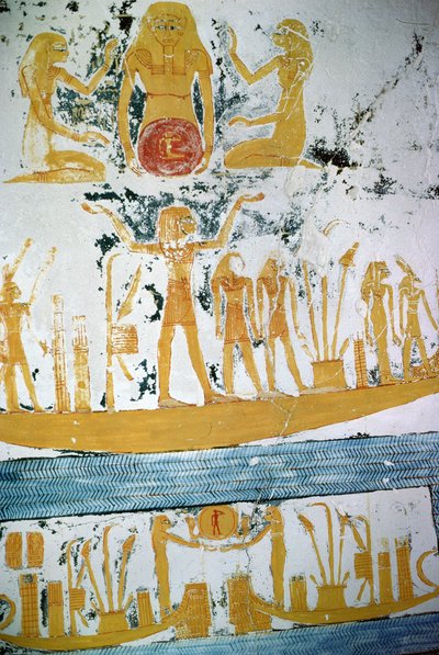 夜の船に乗って、ラムセス6世の墓から、新しい王国（紀元前1145-1137年）（壁画） 作： Egyptian 20th Dynasty