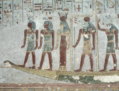 ラムセス3世の墓（紀元前1184-1153年）新王国（石灰岩を塗ったもの）から、地下世界を通過する葬儀のバークでクナムを描いたレリーフ 作： Egyptian 20th Dynasty