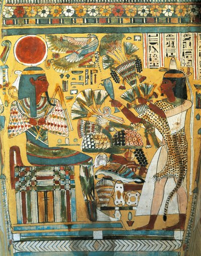 Sarcófago de Ankt Ef Rhonson, escriba do Templo de Amon, detalhe interior: o falecido oferecendo flores ao deus do Ocidente, Novo Reino, Dinastia XX 作： Egyptian 20th Dynasty