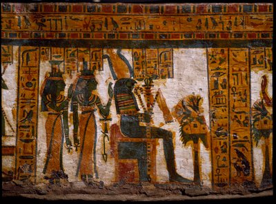 エジプトの古代遺跡：オシリスを崇拝するイシスとネフティスの神々。二人はアンク（十字架）の形をした生命の鍵を持っています。第21王朝（紀元前1085-935年）の書記ブテハモンのアントロポイド石棺の装飾。トリノのエジプト博物館（Tori 作： Egyptian 21st Dynasty