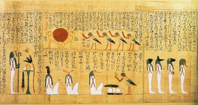 アモンの主な担い手であるイメネムサウフの神話のパピルス。 詳細: 2 頭のライオンとして描かれた太陽への賛美歌 作： Egyptian 22nd Dynasty