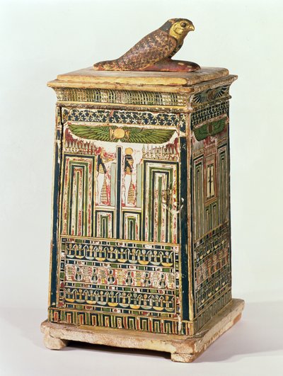 天蓋付きの壺、サッカラ、後期（ポリクロームと金メッキの木材） 作： Egyptian 26th Dynasty