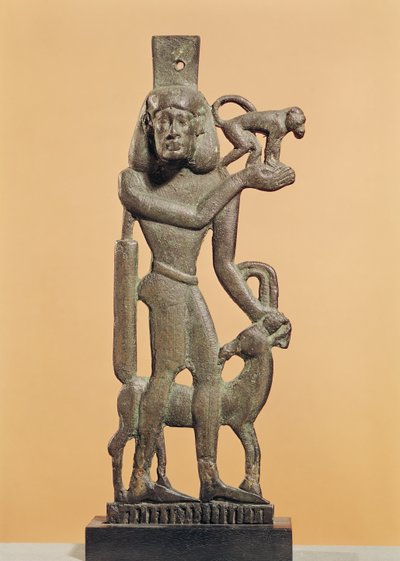 アイベックスに膝を舐められた猿を抱く男の図 佐伯時代（ブロンズ 作： Egyptian 26th Dynasty