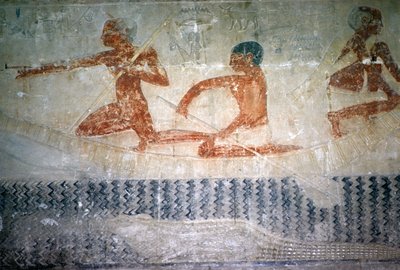 ティのマスタバ礼拝堂北壁の漁師とワニ、旧王国（壁画） 作： Egyptian 5th Dynasty