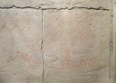 旧王国、アケトヘテプのマスタバからの船旅を描いたレリーフ。紀元前2400年頃（石灰岩塗装） 作： Egyptian 5th Dynasty