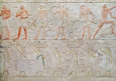 紀元前2400年頃、旧王国、アケトホテプのマスタバから食べ物を供える人々を描いたレリーフ。 作： Egyptian 5th Dynasty