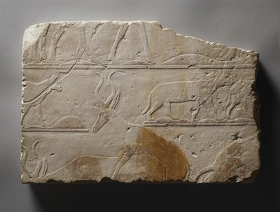 砂漠の動物による救済、旧王国、サッカラ、紀元前2472-2455年頃（石灰岩塗装）で発見 作： Egyptian 5th Dynasty