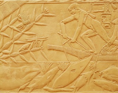 旧王国、カゲムニのマスタバからの釣りシーン（石灰岩） 作： Egyptian 6th Dynasty
