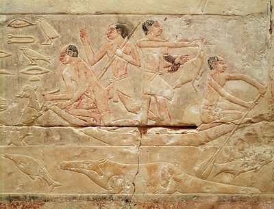 旧王国、イドゥット王女の墓から、船に乗った男性を描いたレリーフ。紀元前2330年頃（石灰岩を塗ったもの） 作： Egyptian 6th Dynasty