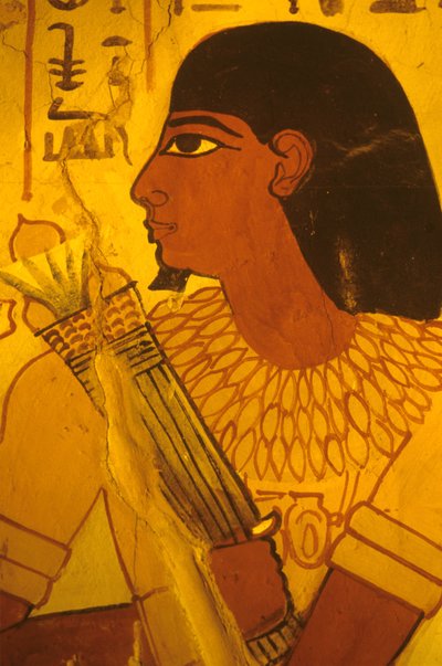 古代エジプト、セヌファーの墓、壁画、フレスコ画、蓮のつぼみを受け取るセヌファー、テーベ市長、アメノフィス2世の監督官 作： Egyptian Egyptian