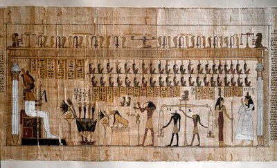 エジプトのアンティキテ：魂の重さ（サイコスタシス）。死者の書のパピルス。トリノ、エジプト博物館-古代エジプト：魂の重さ（サイコスタシス）を測る。死者の書のパピルス。イタリア、トリノ、エジプト博物館 作： Egyptian Egyptian