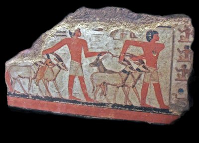 砂漠（オリックス、ガゼル）がメッチェッチの前に連れてこられる。古代エジプトの壁画 作： Egyptian Egyptian