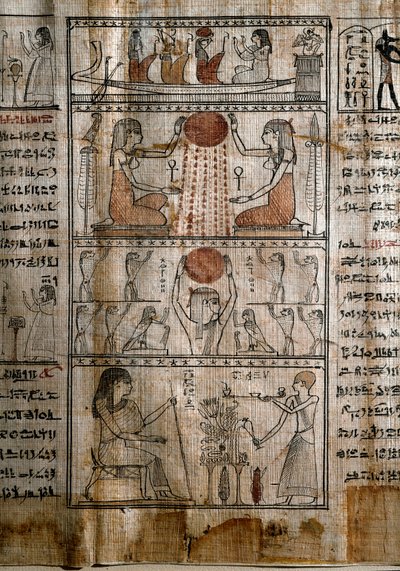 エジプトの古代人：太陽の象徴。死者の書のパピルス。プトレマイオス朝時代。トリノ、エジプト博物館-古代エジプト：太陽の生命を与える力。死者の書」のパピルス。プトレマイオス朝時代。イタリア、トリノ、エジプト博物館 作： Egyptian Ptolemaic Period