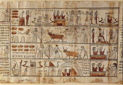 エジプトの古代性：エリゼの野原。死者の書」のパピルスに描かれた絵。プトレマイオス朝時代 トリノ、エジプト博物館 - 古代エジプト：エリュシオンの野原。死者の書」のパピルスに描かれた絵。プトレマイオス朝時代。トリノのエジプト博物館 作： Egyptian Ptolemaic Period