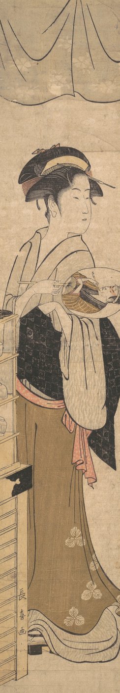 ファンを持つ若い女性。 作： Eishōsai Chōki