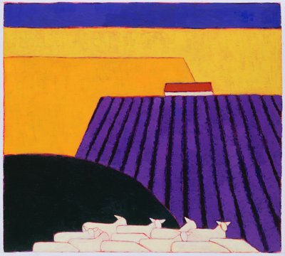 羊とラベンダー畑、2004（紙にアクリル） 作： Eithne Contemporary Artist Donne