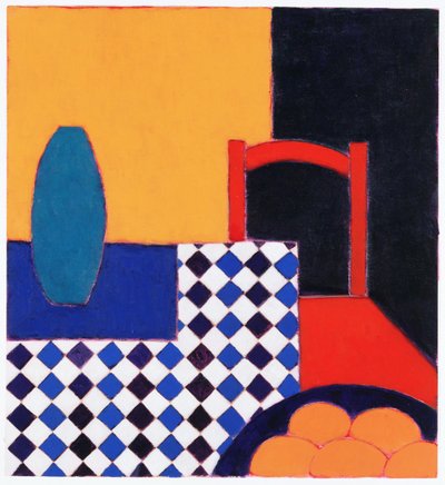2002年の赤い椅子のある静物（紙にアクリル） 作： Eithne Contemporary Artist Donne