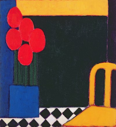 チューリップと黄色い椅子、2002年（紙にアクリル） 作： Eithne Contemporary Artist Donne
