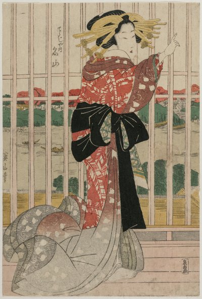 1820年代前半または半ばに隅田川を見下ろすバルコニーにある長者の花魁明山。 作： Kikugawa Eizan