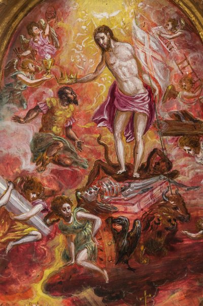 携帯用祭壇: キリスト教徒の騎士の寓意を描いた中央パネル、2384586 の詳細 (パネル上のテンペラ グラッサ) 作： El Greco