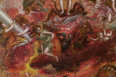 携帯用祭壇: キリスト教徒の騎士の寓意を描いた中央パネル、2384586 の詳細 (パネル上のテンペラ グラッサ) 作： El Greco