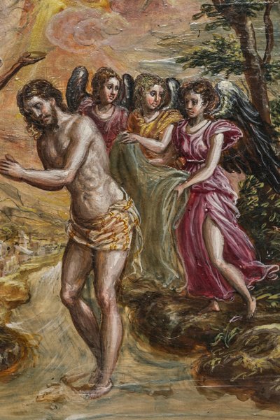 携帯用祭壇: キリストの洗礼を描いた右側のドア パネルの詳細 (パネル上のテンペラ グラス) 作： El Greco