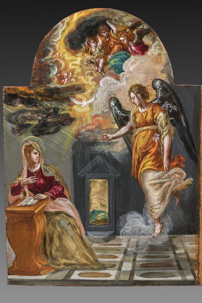 Portable altar, left door panel on the backside: Annunciation, detail of 2384587 (tempera grassa on panel)   1408320   ja       japanese Successfully Translated  Original: Papier à Lettres Translat: Papier à Lettres 1278618 ja japanese Successfully Transla 作： El Greco
