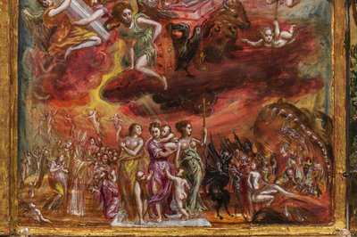 携帯用祭壇: キリスト教徒の騎士の寓意を描いた中央パネル、2384586 の詳細 (パネル上のテンペラ グラッサ) 作： El Greco