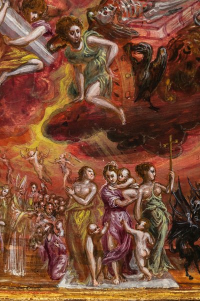 携帯用祭壇: キリスト教徒の騎士の寓意を描いた中央パネル、2384586 の詳細 (パネル上のテンペラ グラッサ) 作： El Greco