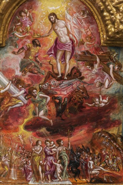 携帯用祭壇: キリスト教徒の騎士の寓意を描いた中央パネル、2384586 の詳細 (パネル上のテンペラ グラッサ) 作： El Greco