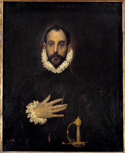 胸に手を当てた紳士の肖像 ドメニコス・テオトコプーロス・ディット・エルグレコ（1540-1614）の絵画。1577年 日0,81 x 0,66 m マドリッド プラド美術館 作： El Greco