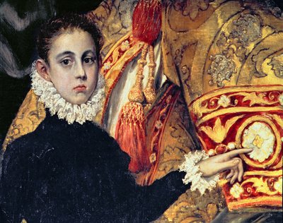 1323年の伝説からのオルガズ伯爵の埋葬、画家の息子であると考えられていた少年の詳細、ホルヘマヌエル、キャンバス上の詳細の油彩44240 作： El Greco
