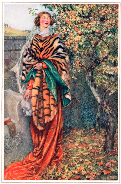 王様がぼんやりと彼女を見つめて通り過ぎたところ、アルフレッド・テニスン (1809-92) の「Idylls of the King」の挿絵、Hodder & Stoughton 発行 作： Eleanor Fortescue Brickdale