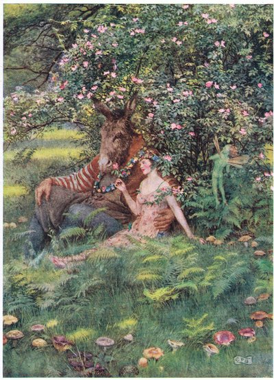 ボトムとティターニア：「この花のベッドに座ってください」（リソ） 作： Eleanor Fortescue Brickdale