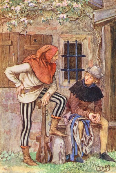 マイケル・フェアレスによる『ブラザー・ヒラリウスの集い』のイラスト（カラーリトグラフ） 作： Eleanor Fortescue Brickdale