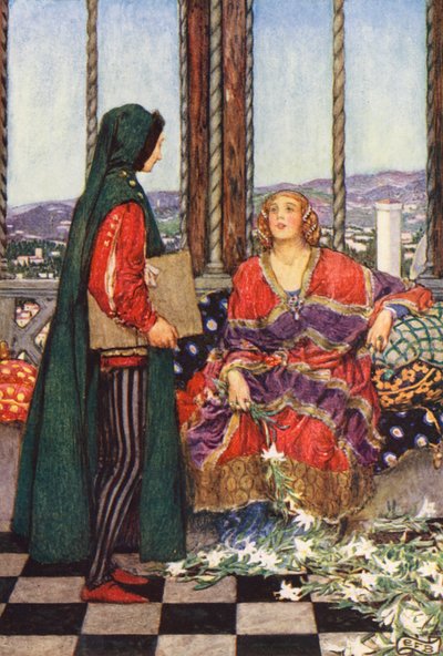 マイケル・フェアレスによる『ブラザー・ヒラリウスの集い』のイラスト（カラーリトグラフ） 作： Eleanor Fortescue Brickdale