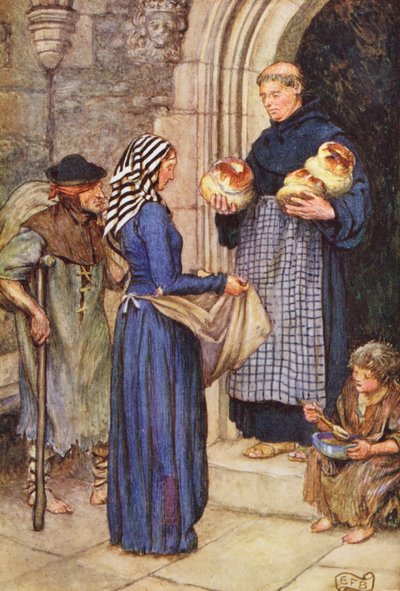 マイケル・フェアレスによる『ブラザー・ヒラリウスの集い』のイラスト（カラーリトグラフ） 作： Eleanor Fortescue Brickdale