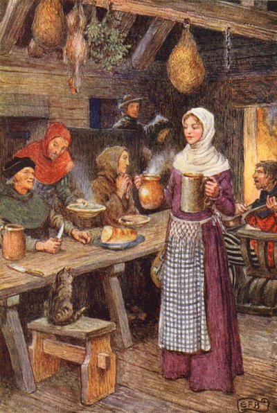 マイケル・フェアレスによる『ブラザー・ヒラリウスの集い』のイラスト（カラーリトグラフ） 作： Eleanor Fortescue Brickdale
