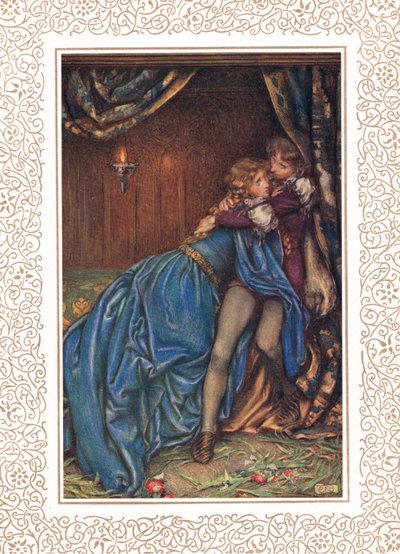 ランスロットとグィネヴィアが一緒に、アルフレッド・テニソン (1809-92) による「Idylls of the King」のイラスト、Hodder & Stoughton 発行 作： Eleanor Fortescue Brickdale