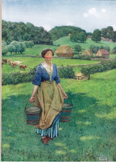 ミルクメイド、「The Book of Old English Songs and Ballads」のイラスト、Hodder and Stoughton発行、1910年頃（カラーリソ） 作： Eleanor Fortescue Brickdale